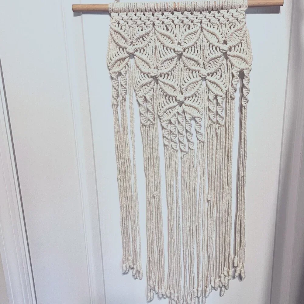 Macrame/Crocheted Wall Hanging-Ivory/Cream-Bohemian-Wood Dowel-Knots-Twist-Flow